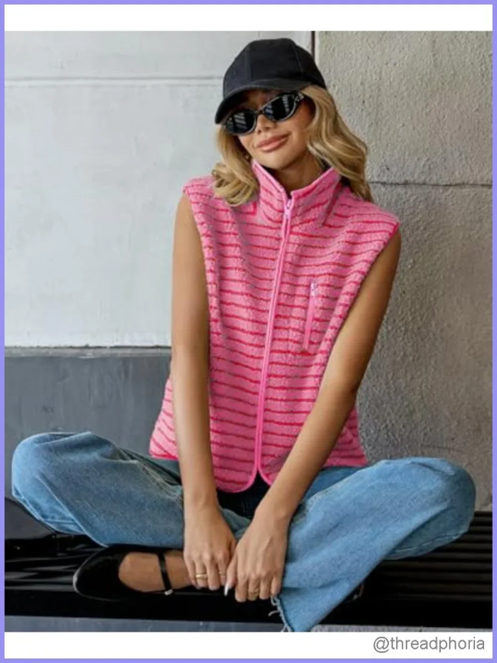 Women's Striped Fleece Sleeveless Vest High Neck Zipper Sherpa-Lined Pockets